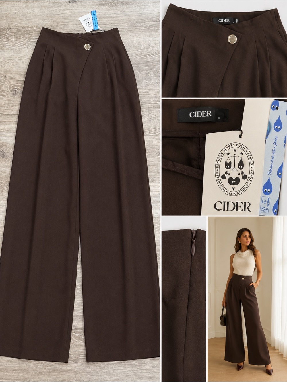 NWT Cider Brown High Waist Wide Leg Trousers Women’s Medium  Dress Pants